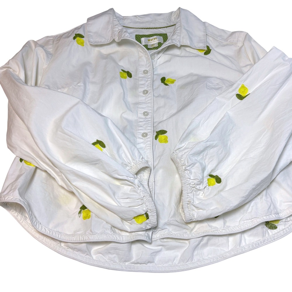 Maeve Anthropologie Shirt SP White Lemon Embroidered Balloon Sleeve Button Down